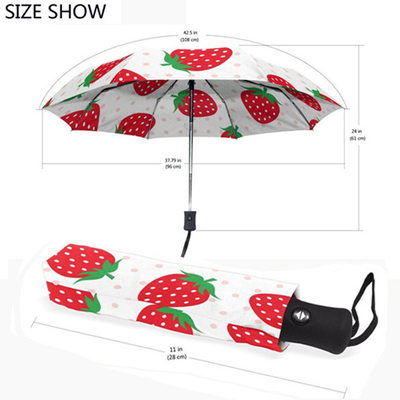 چتر تاشو ضد باد نیمه اتوماتیک برای زنان با محافظ UV چاپ توت فرنگی