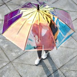 هولوگرام رنگارنگ آبی رنگ شفاف باران چتر برای روز بادی باران